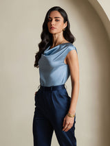 [Gråblå] SilkSilky-DK Cap Sleeve Cowl Neck T-shirt til kvinder 004