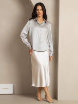 [Lysegrå] SilkSilky-DK Long Sleeve Lapel Collar Dameskjorte 004