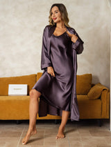 [Lilla Grå] SilkSilky-DK Long Sleeve V Neck Natkjole & Morgenkåbe Sæt 009