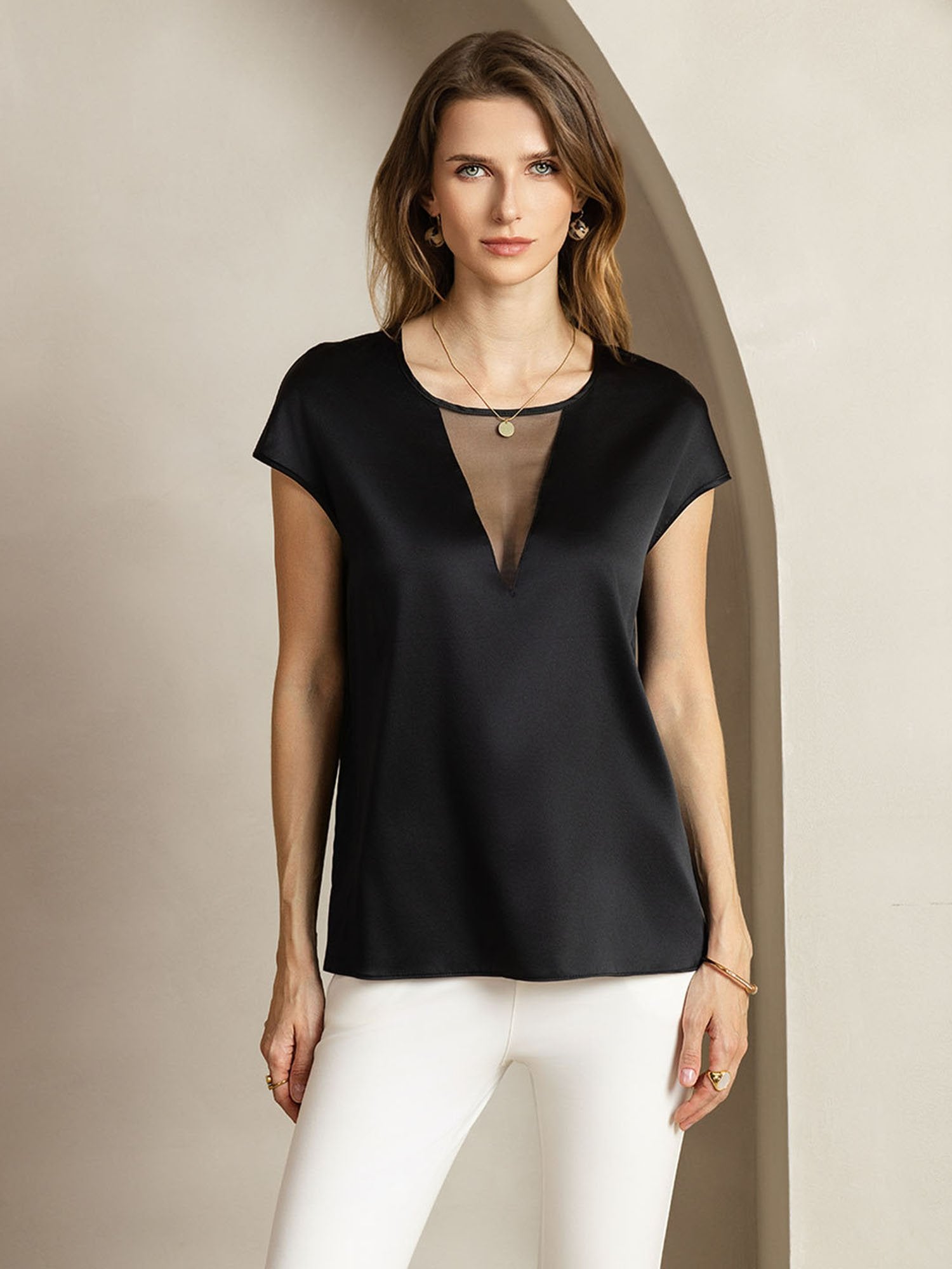 [Sort] SilkSilky-DK 19Momme Silke Halter Neck T-shirt til kvinder 001