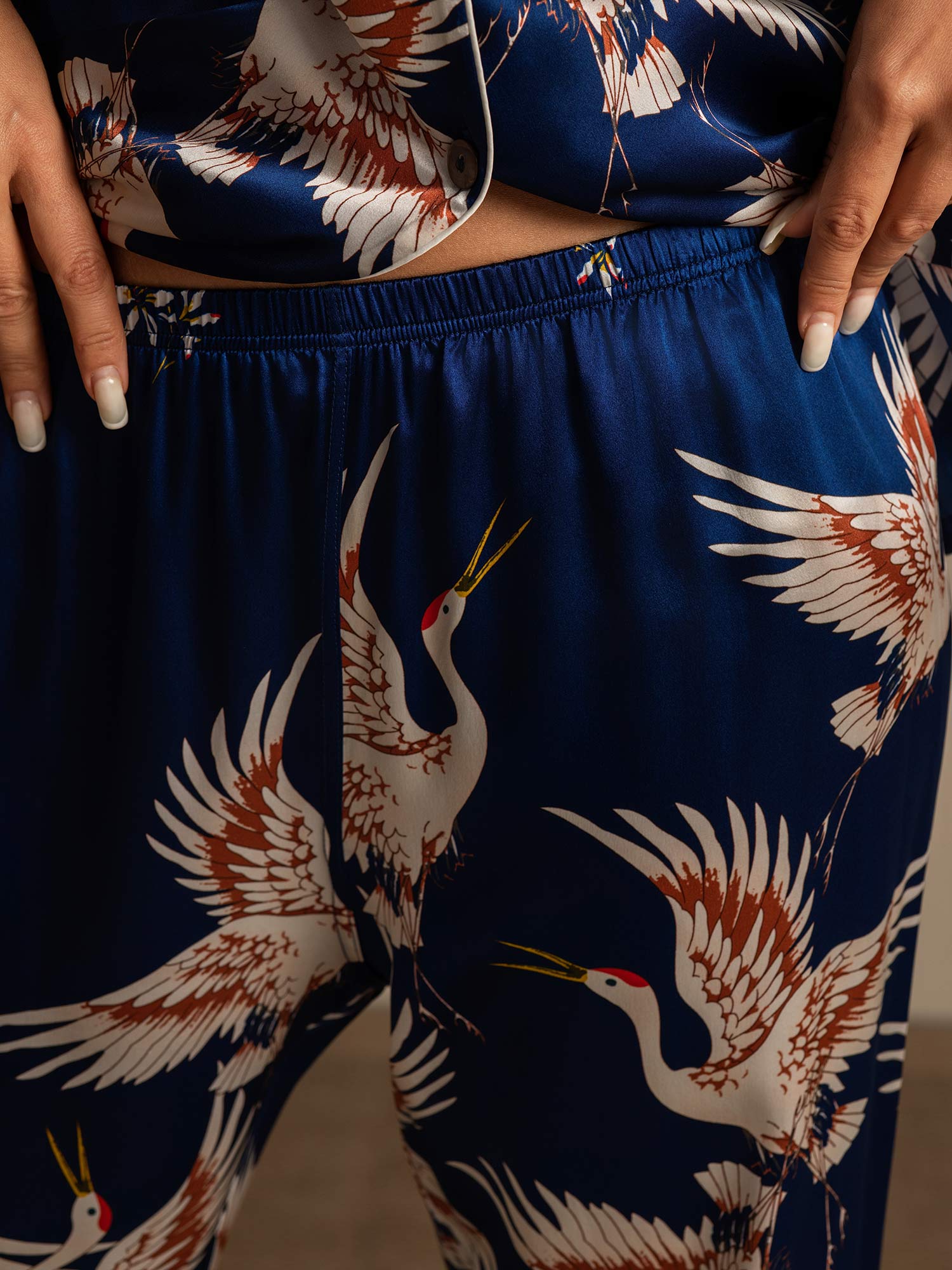 [Mørkeblå] SilkSilky-DK 19Momme Langærmet Notchkrage Dame Pyjamas 010