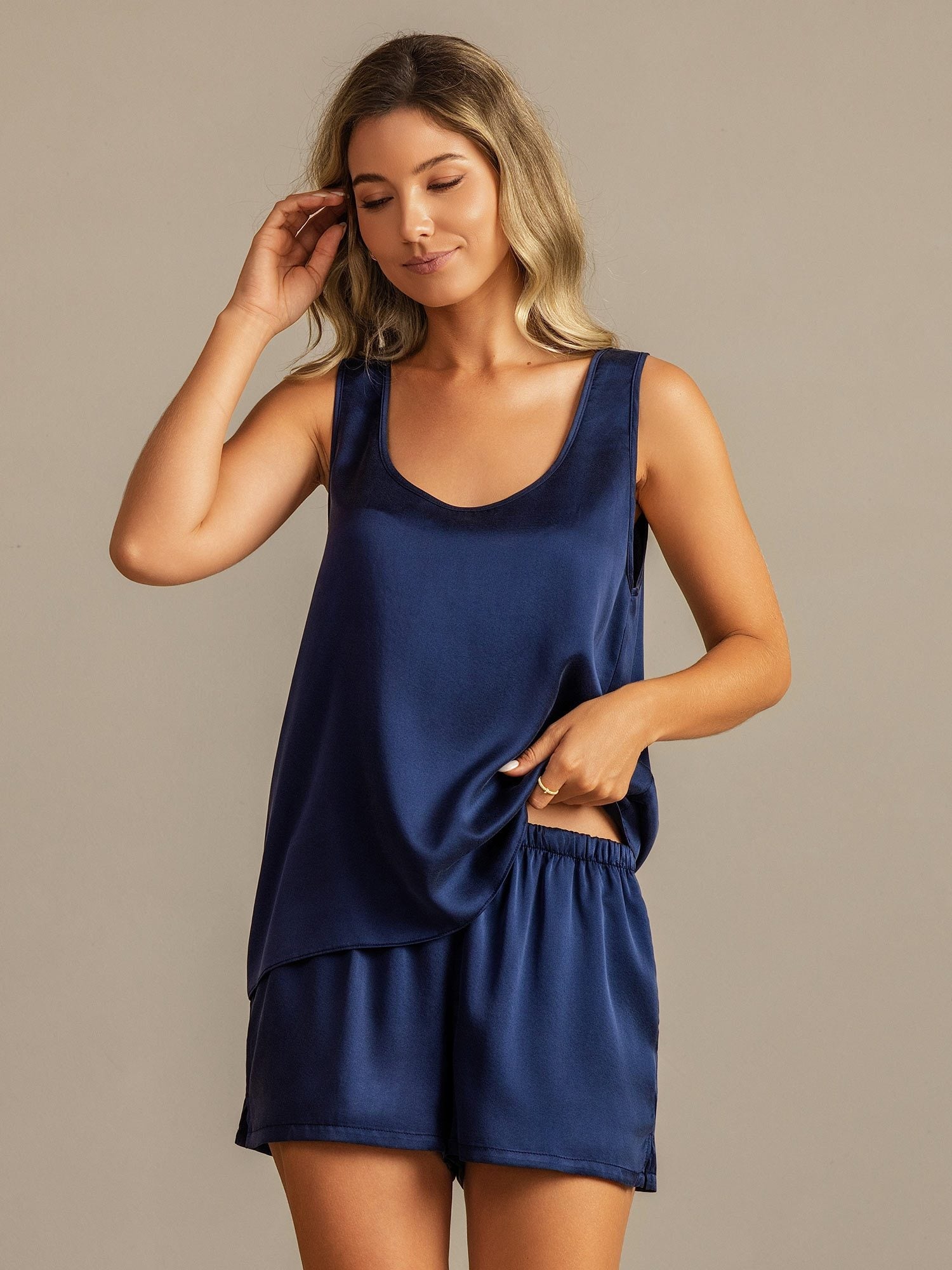 [Mørkeblå] SilkSilky-DK 19Momme Silke Womens Pajamas 007