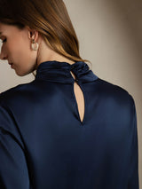 [Mørkeblå] SilkSilky-DK Long Sleeve Keyhole Neck Damebluser 004