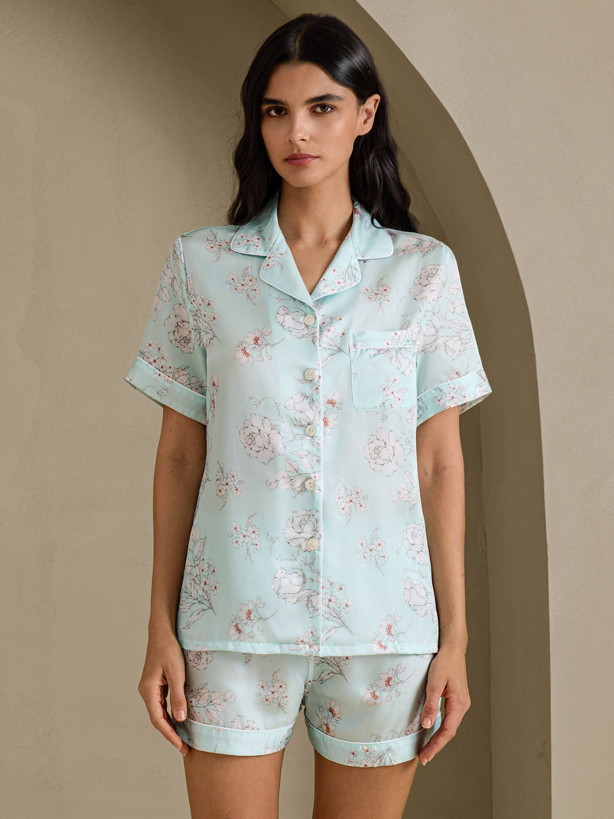 [Himmelblå Blomster] SilkSilky-DK Short Sleeve Notch Collar Dame Pyjamas 001