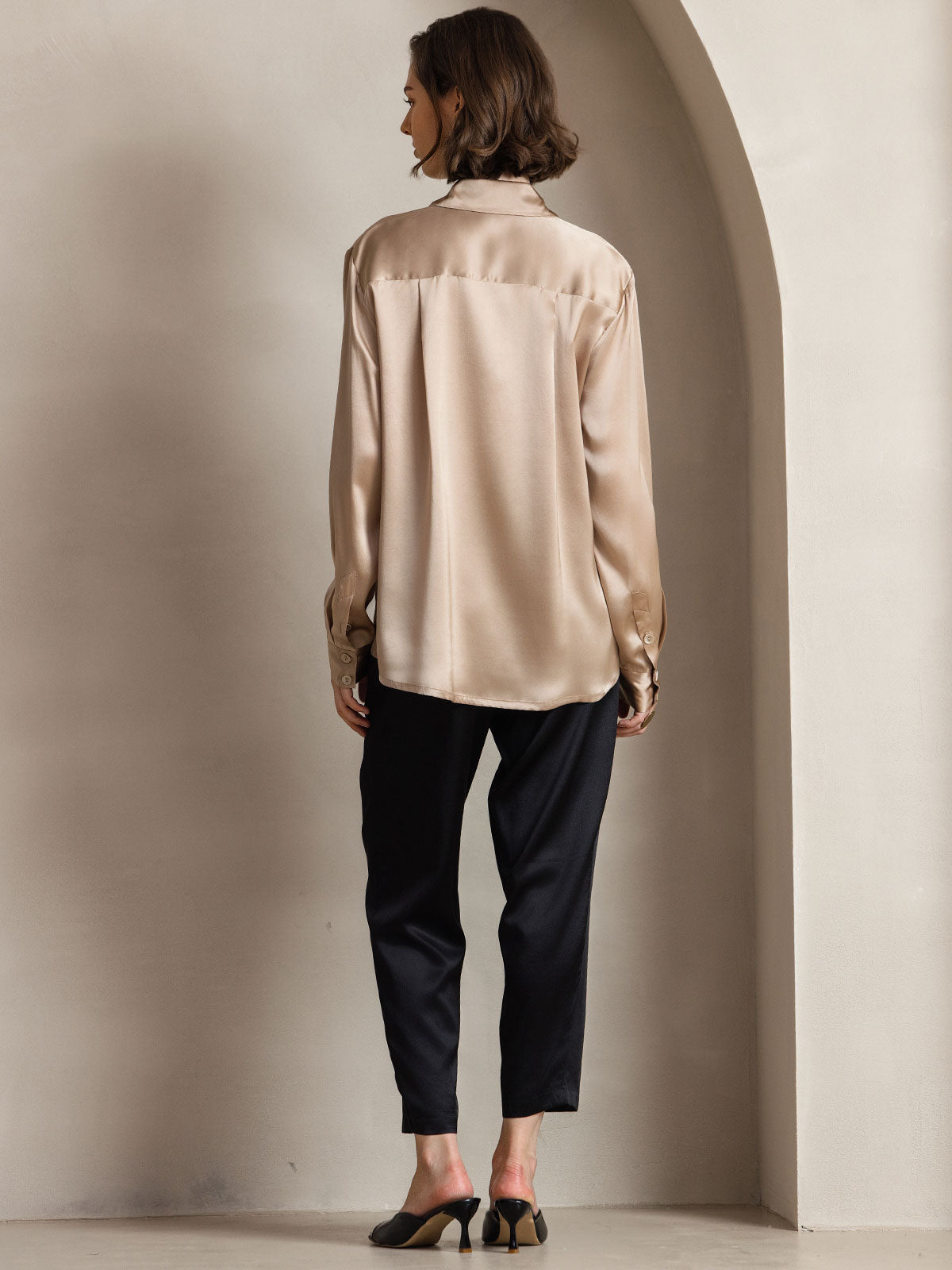 [Champagne] SilkSilky-DK Long Sleeve Lapel Collar Dameskjorte 002
