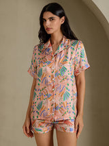 [Lyserød Fauna] SilkSilky-DK Short Sleeve Notch Collar Dame Pyjamas 001