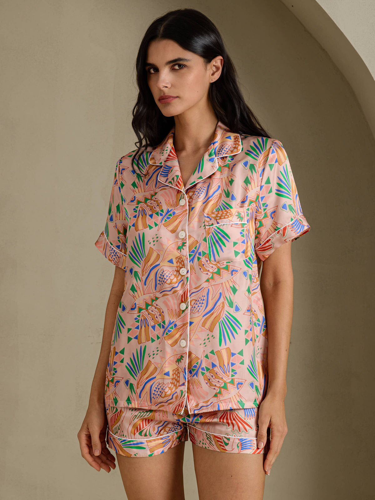 [Lyserød Fauna] SilkSilky-DK Short Sleeve Notch Collar Dame Pyjamas 001