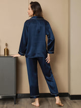 [Mørkeblå] SilkSilky-DK Long Sleeve Lapel Collar Dame Pyjamas 002