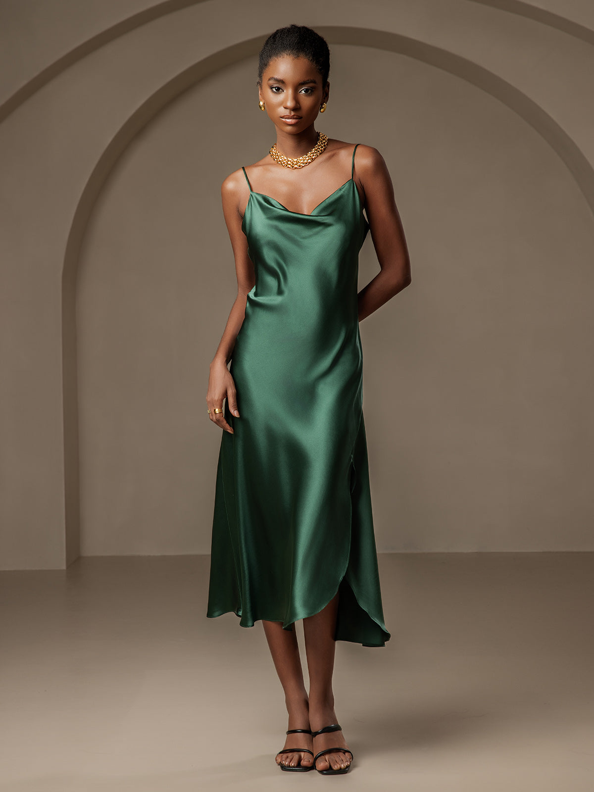 [Mørkegrøn] SilkSilky-DK 19Momme Dress 001