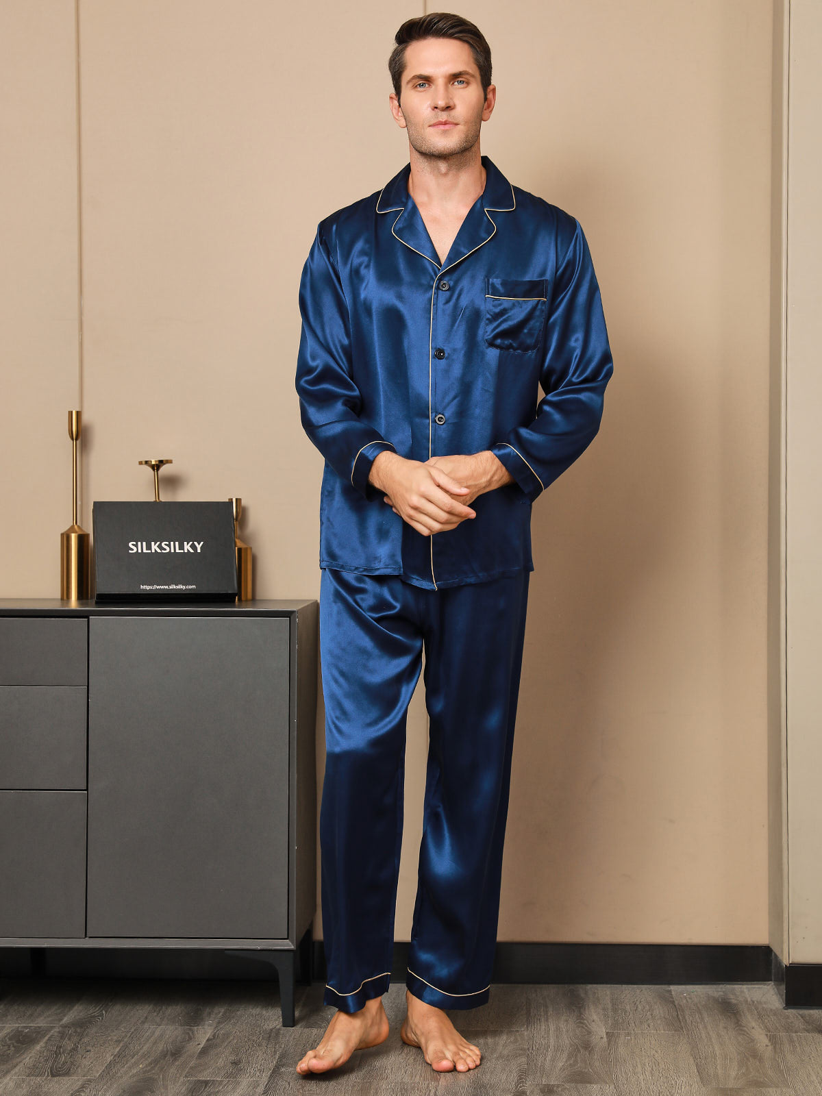 [Mørkeblå] SilkSilky-DK 19Momme Mens Pajamas 004