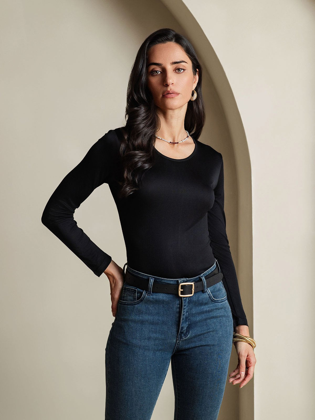 [Sort] SilkSilky-DK Silke Long Sleeve Round Neck T-shirt til kvinder 001