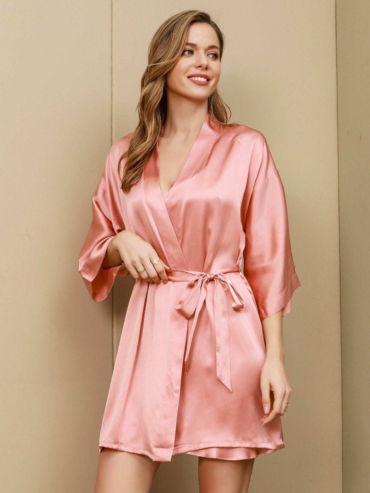 [Lyserød] SilkSilky-DK Nightgown&Robe Set 003
