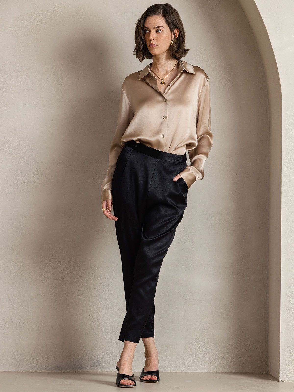 [Champagne] SilkSilky-DK Silke Long Sleeve Collar Dameskjorte 009