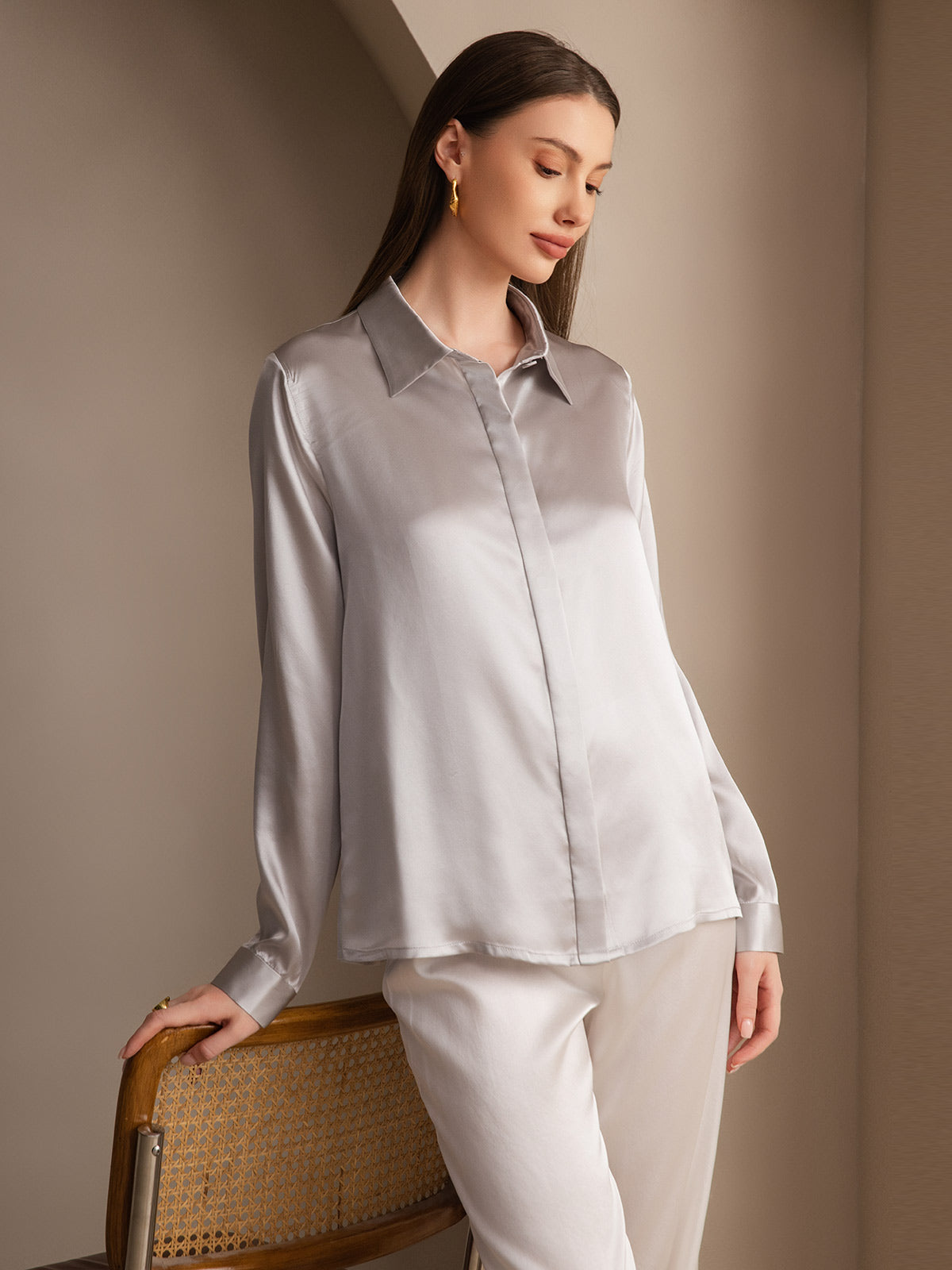 [Lysegrå] SilkSilky-DK 19Momme Silke Womens Shirt 007