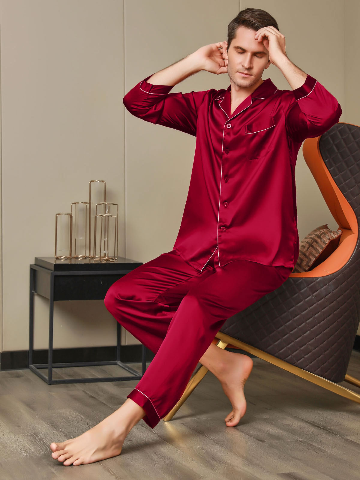 [Rød] SilkSilky-DK 19Momme Mens Pajamas 005