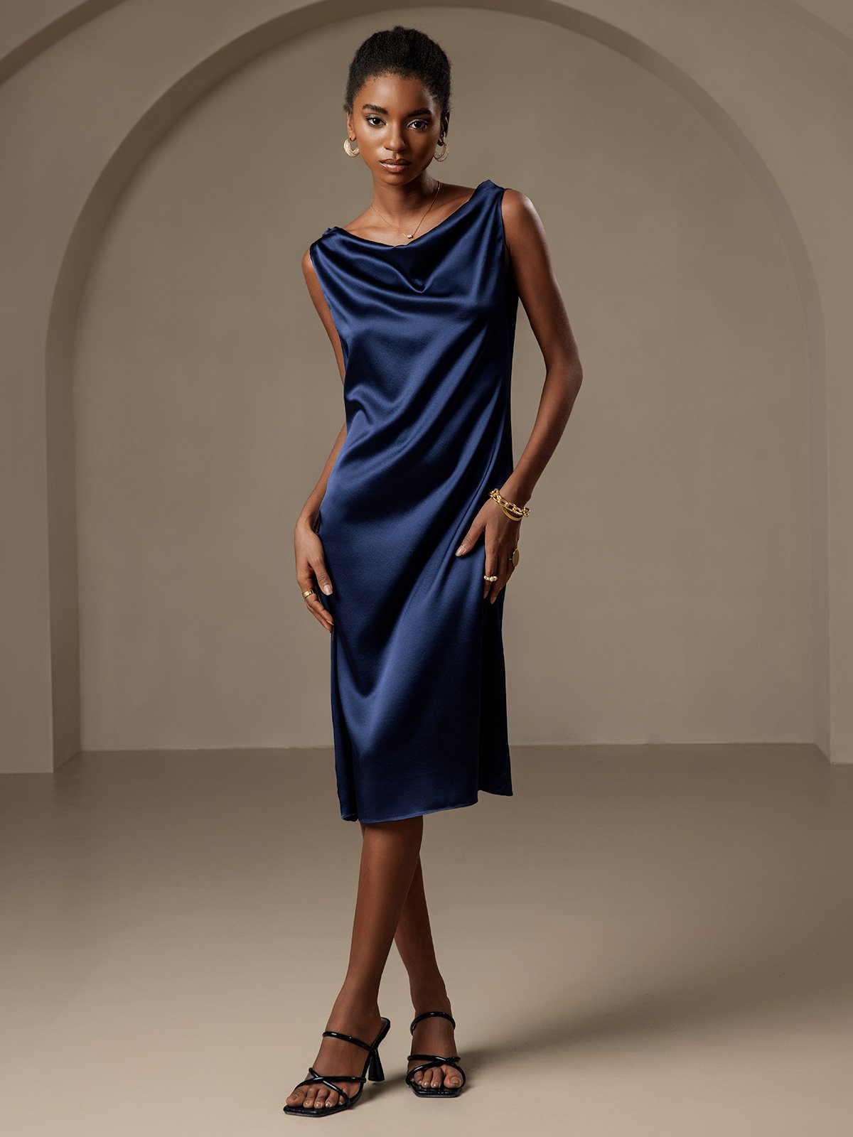 [Mørkeblå] SilkSilky-DK 19Momme Silke Dress 001