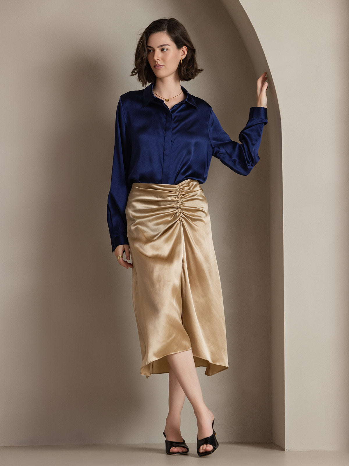 [Mørkeblå] SilkSilky-DK 19Momme Silke Womens Shirt 001