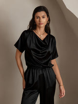 [Sort] SilkSilky-DK Short Sleeve Cowl Neck Damebluser 001