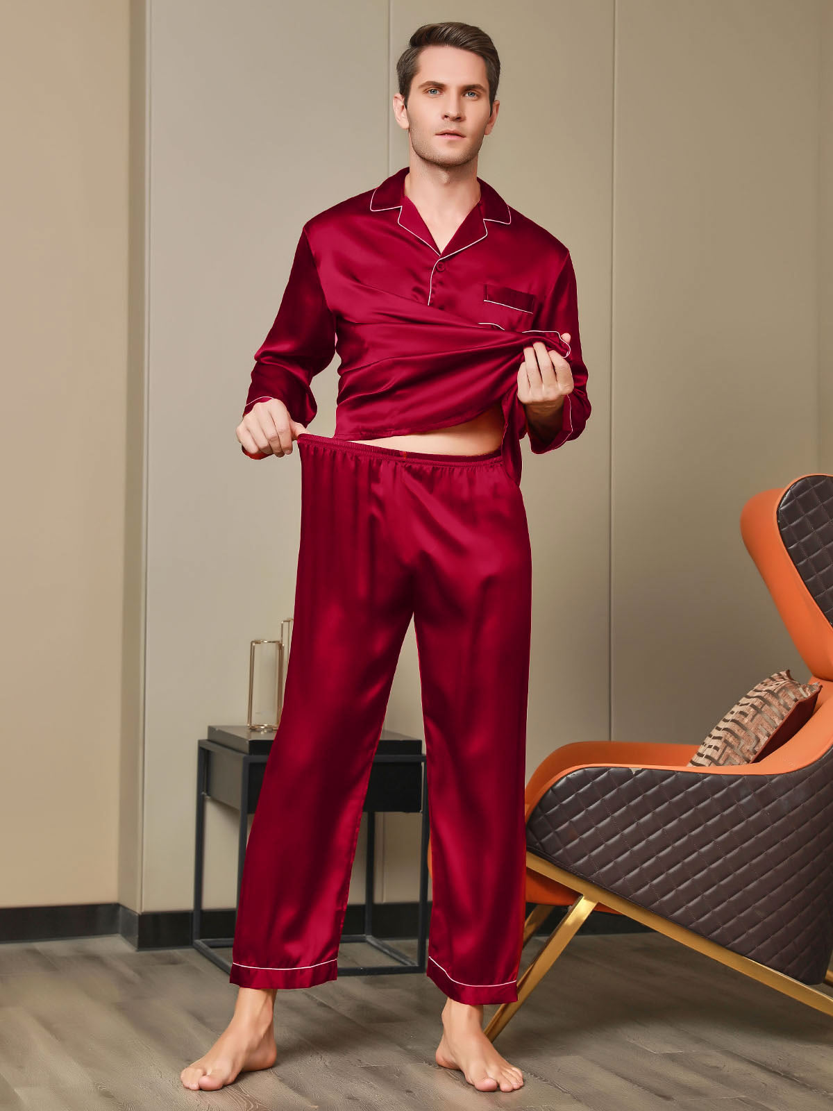 [Rød] SilkSilky-DK 19Momme Mens Pajamas 007