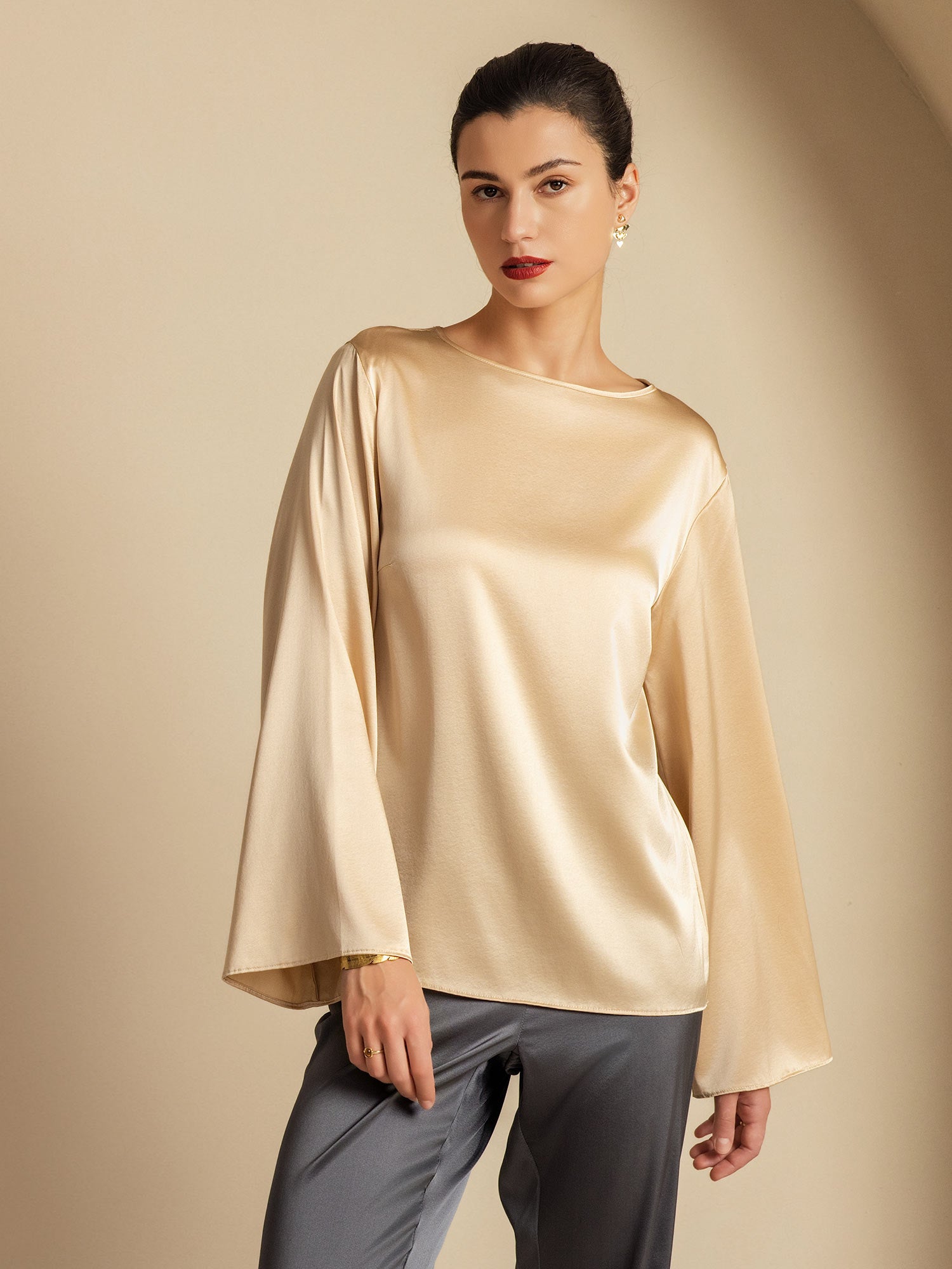 [Champagne] SilkSilky-DK 19Momme Silke Womens T-Shirt 006