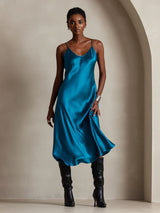 [Blågrøn] SilkSilky-DK Sleeveless V Neck Kjole 006