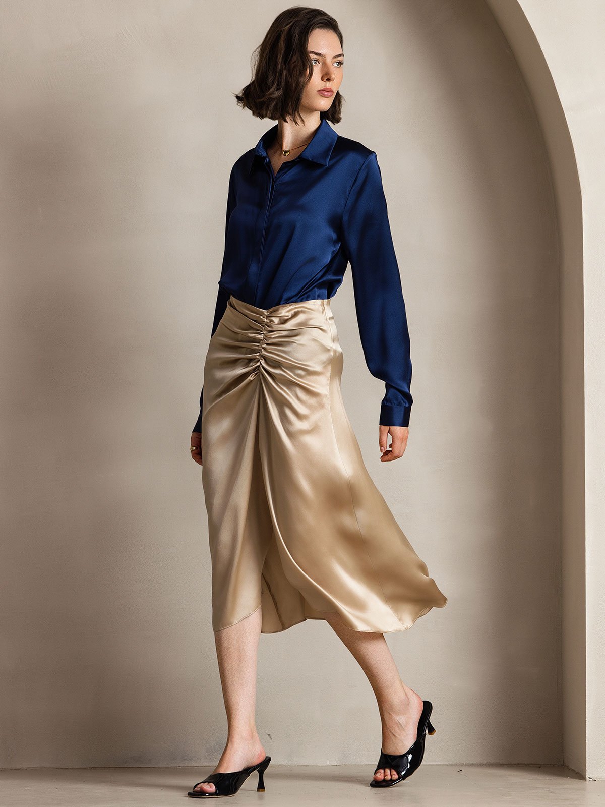 [Mørkeblå] SilkSilky-DK 19Momme Silke Womens Shirt 006