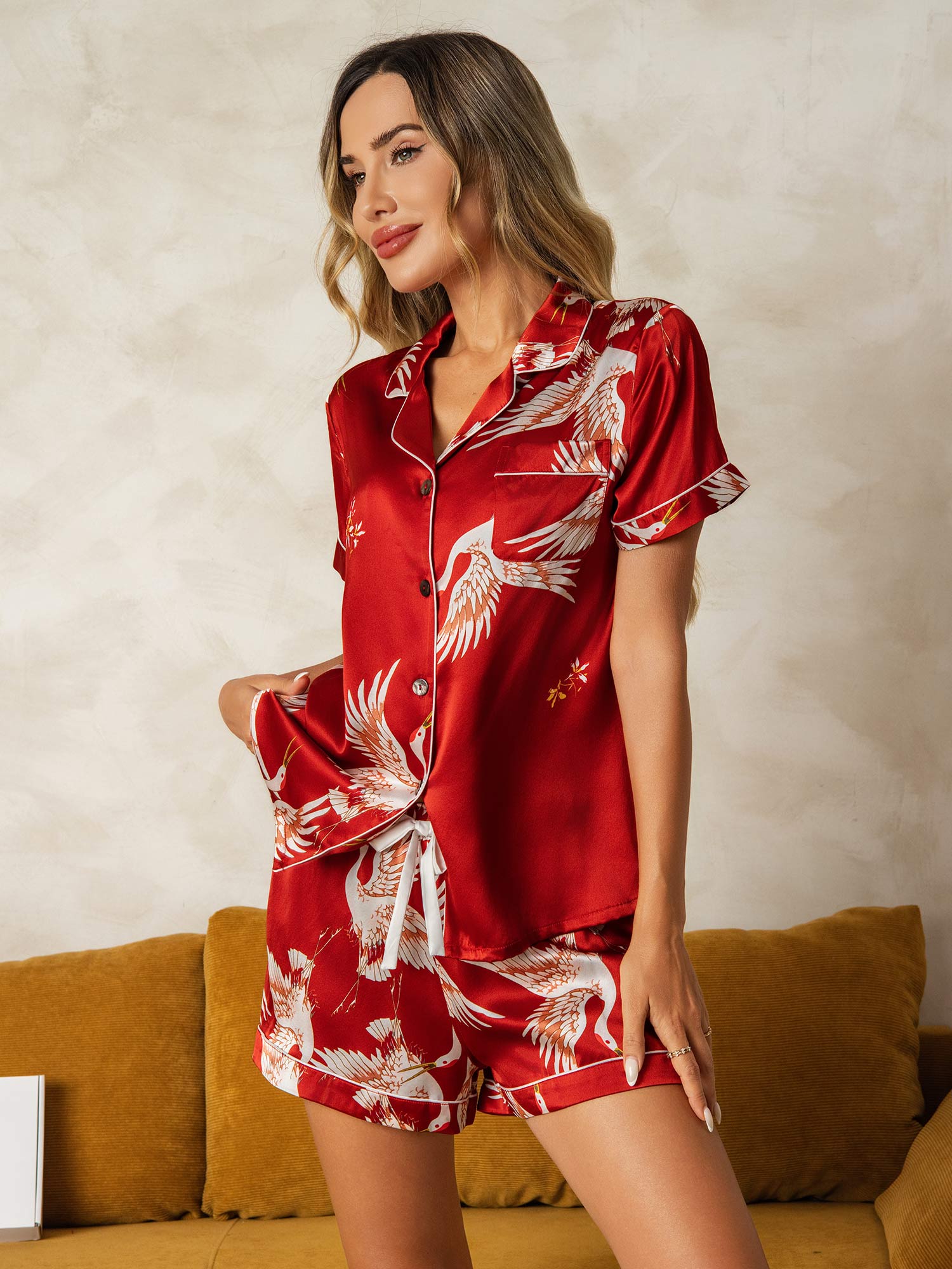 [Mørkerød] SilkSilky-DK 19Momme Womens Pajamas 007