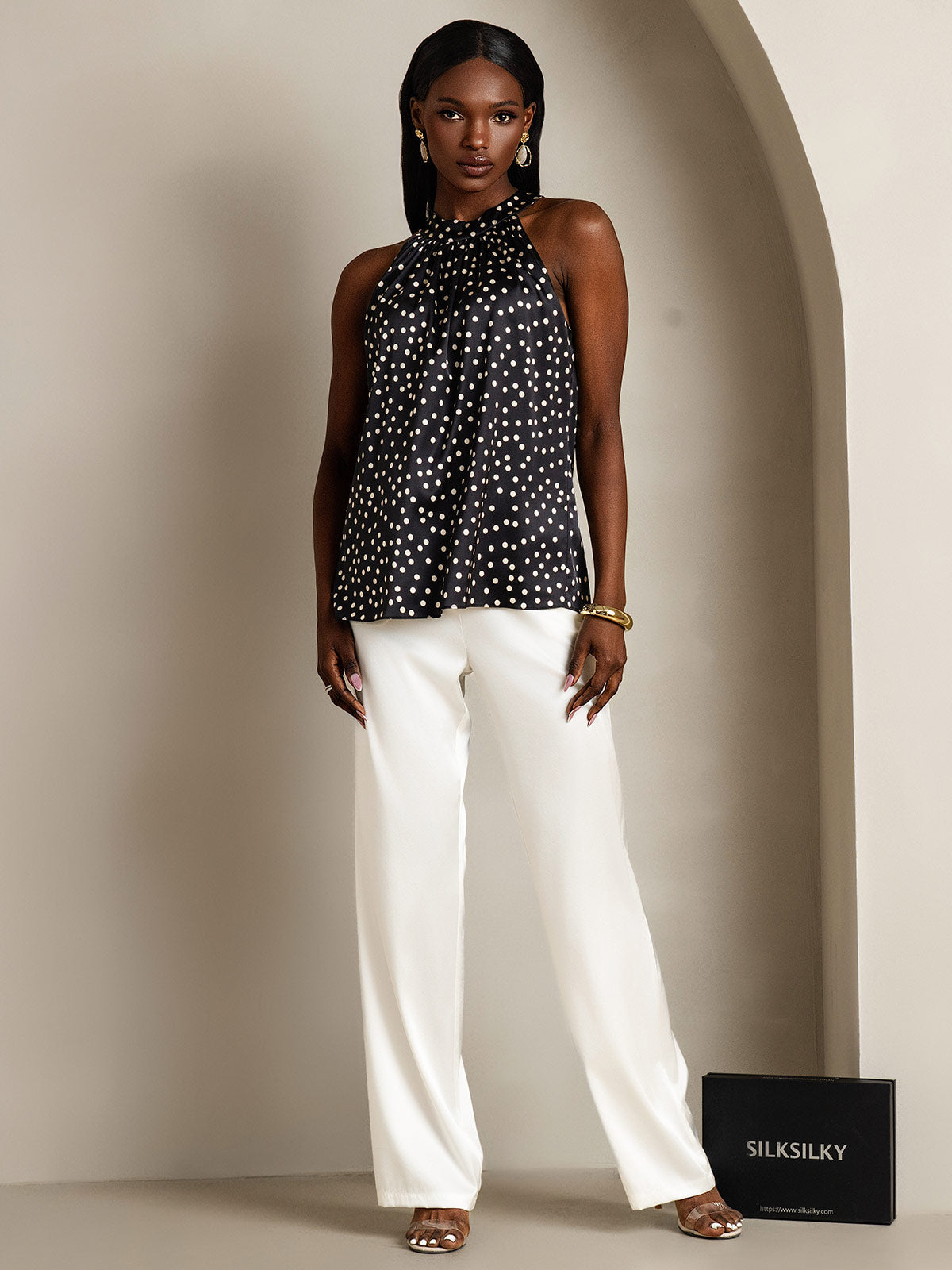 [Sort+Hvid] SilkSilky-DK 19Momme Silke Womens T-Shirt 007