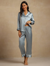 [Gråblå] SilkSilky-DK Langærmet Notchkrage Dame Pyjamas 001
