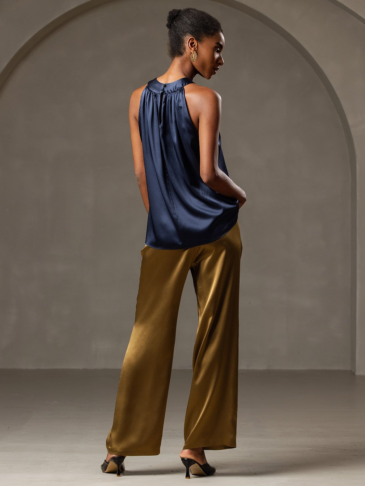 [Mørkeblå] SilkSilky-DK 19Momme Silke Womens T-Shirt 002