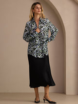 [Teal Leopard] SilkSilky-DK Long Sleeve Lapel Collar Bluse 004