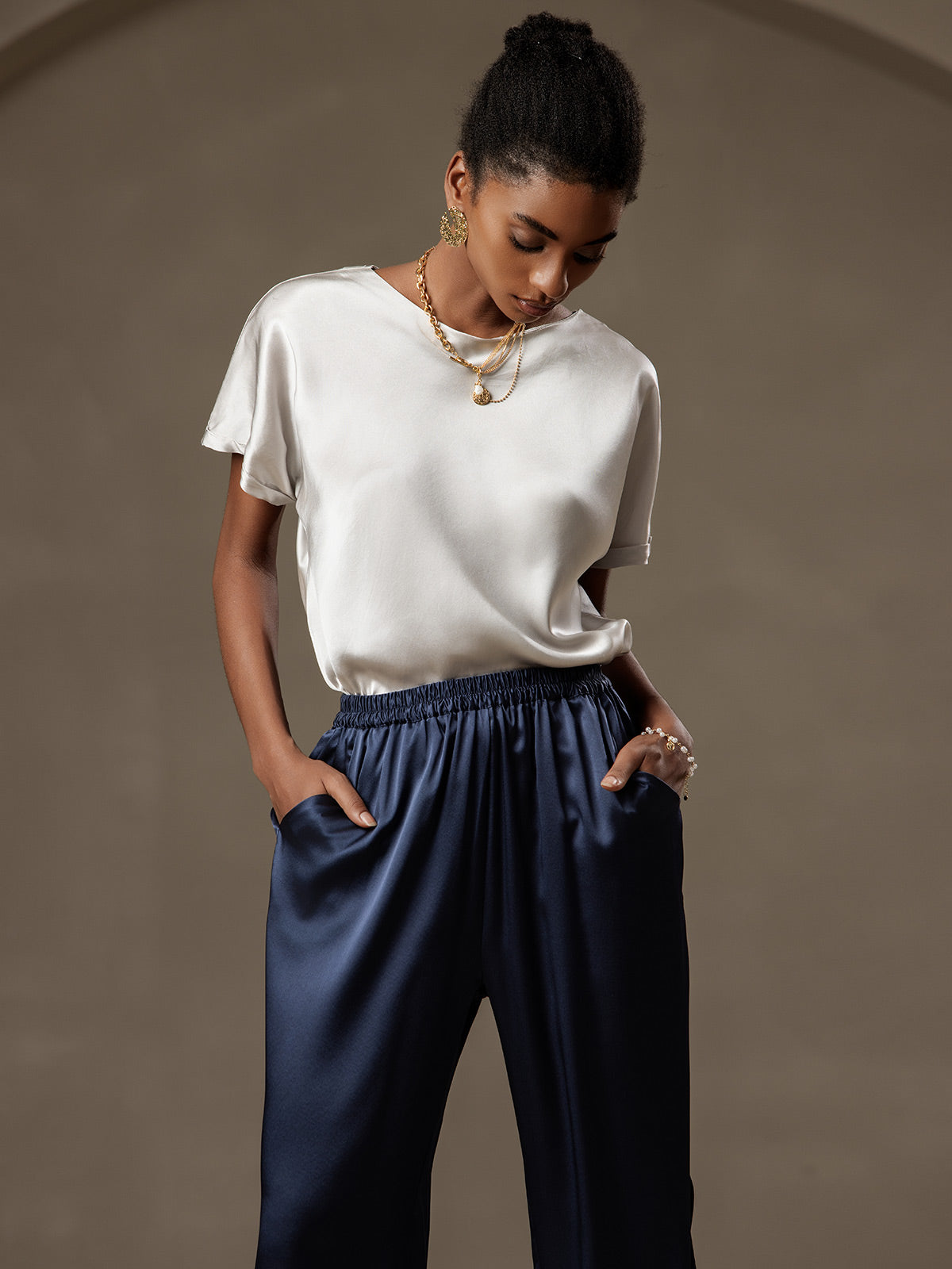 [Lysegrå] SilkSilky-DK 19Momme Silke Womens T-Shirt 005