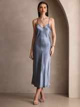 [Gråblå] SilkSilky-DK Sleeveless V Neck Kjole 005