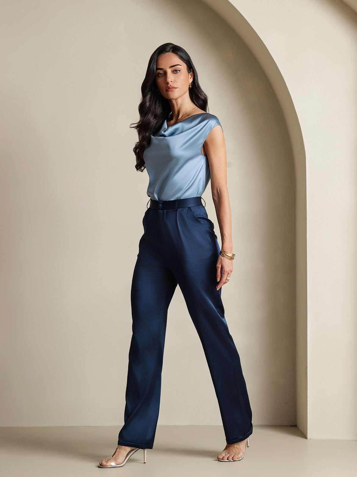 [Gråblå] SilkSilky-DK 19Momme Silke Womens T-Shirt 008