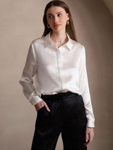 [Hvid] SilkSilky-DK Long Sleeve Lapel Collar Dameskjorte 005