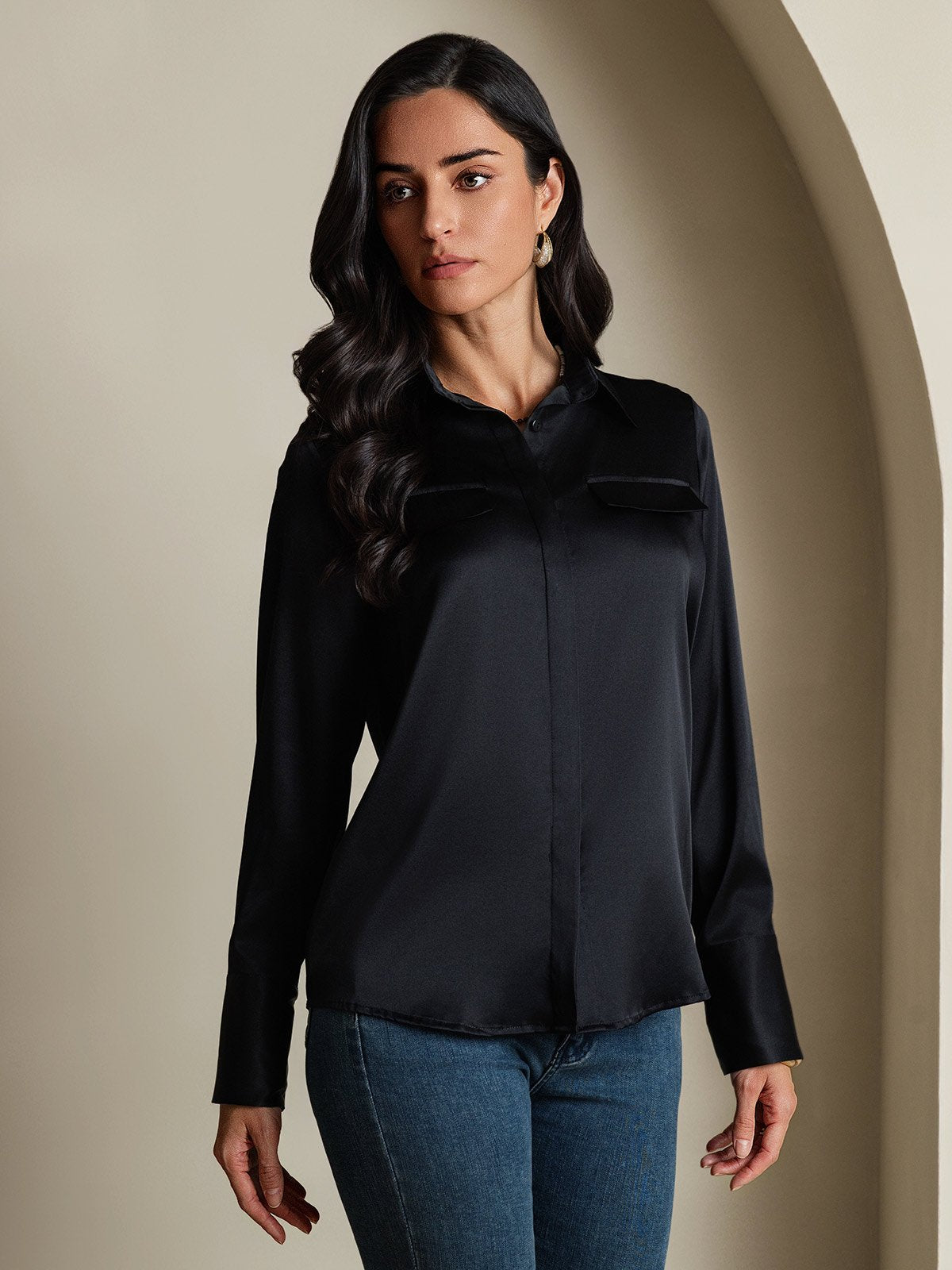 SilkSilky-DK 19Momme Silke Womens Shirt Sort 006
