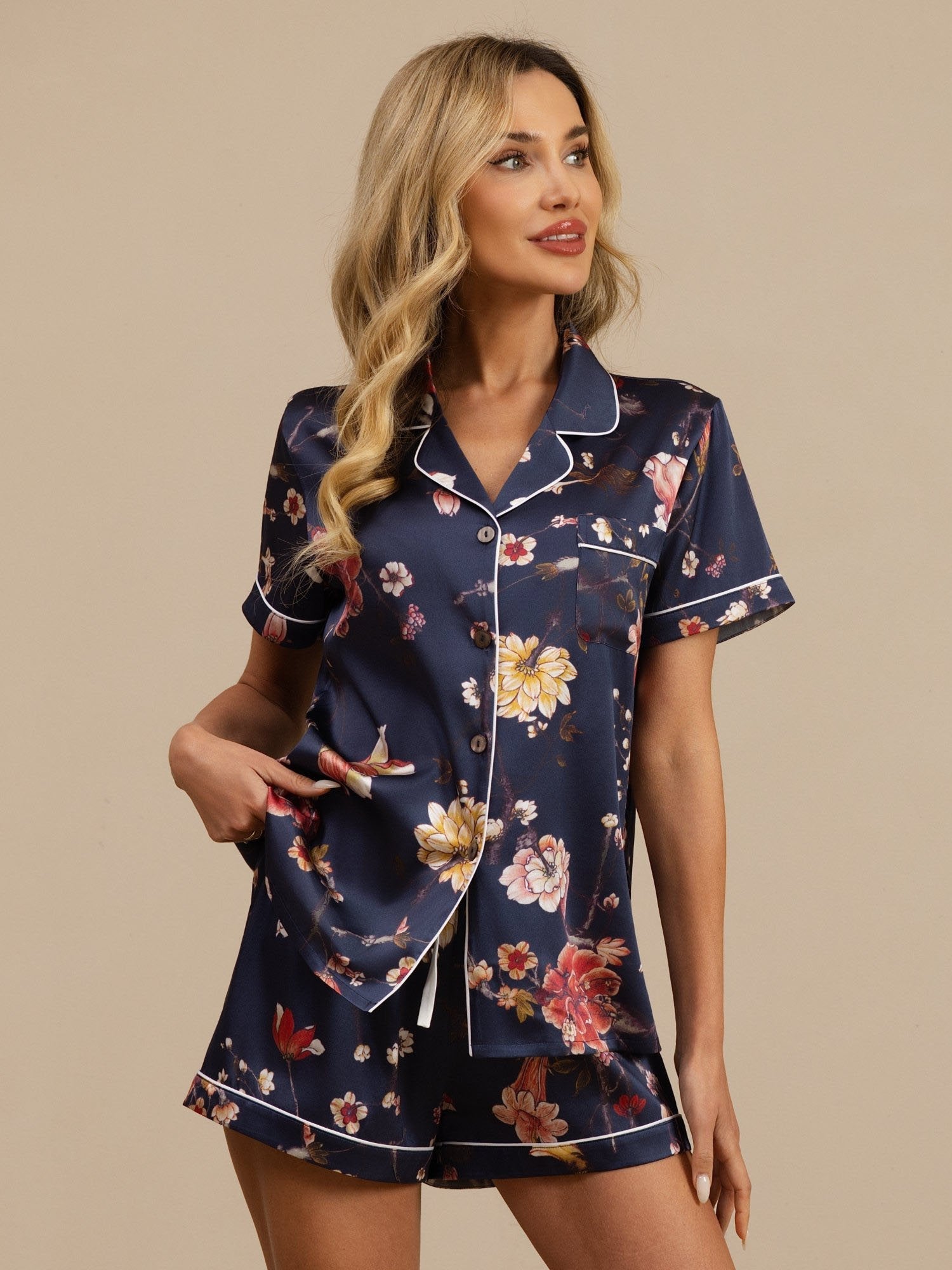 [Marine Blomster] SilkSilky-DK Kort ærme Notchkrage Dame Pyjamas 006