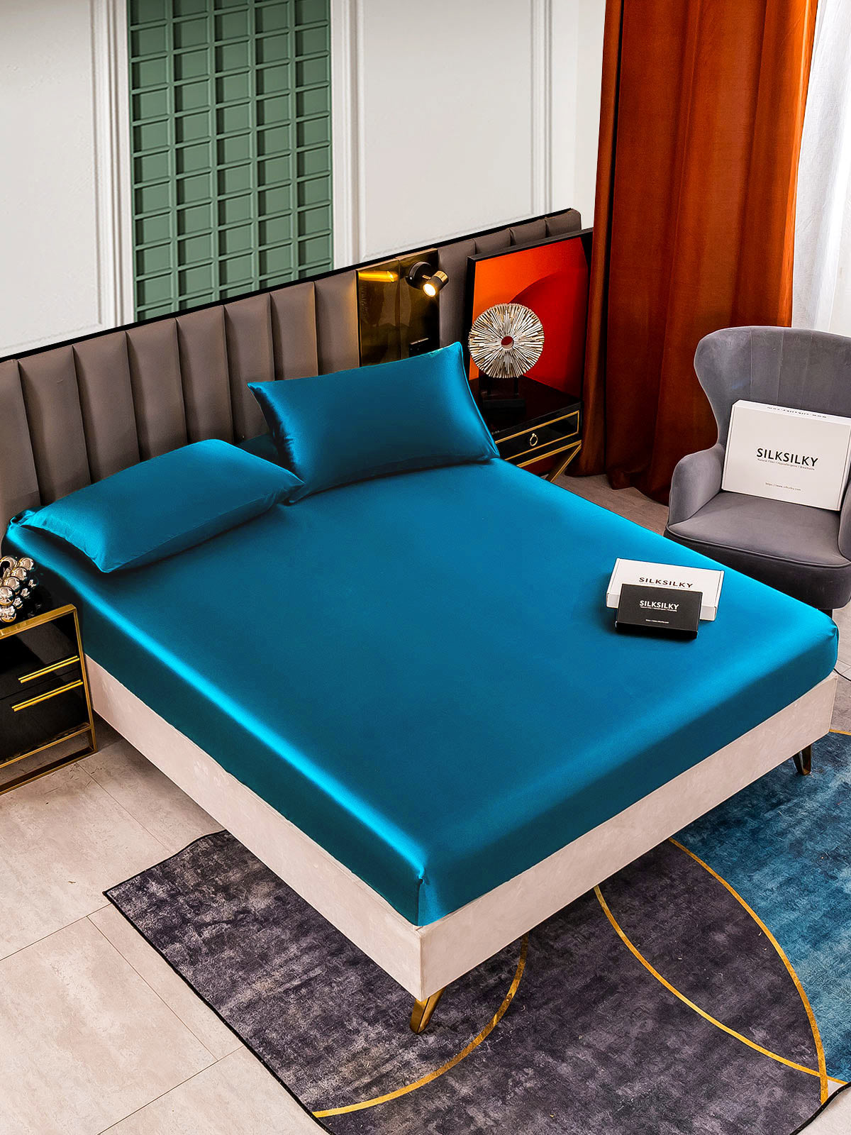 [Blågrøn] SilkSilky-DK 25Momme Bedding Set 001