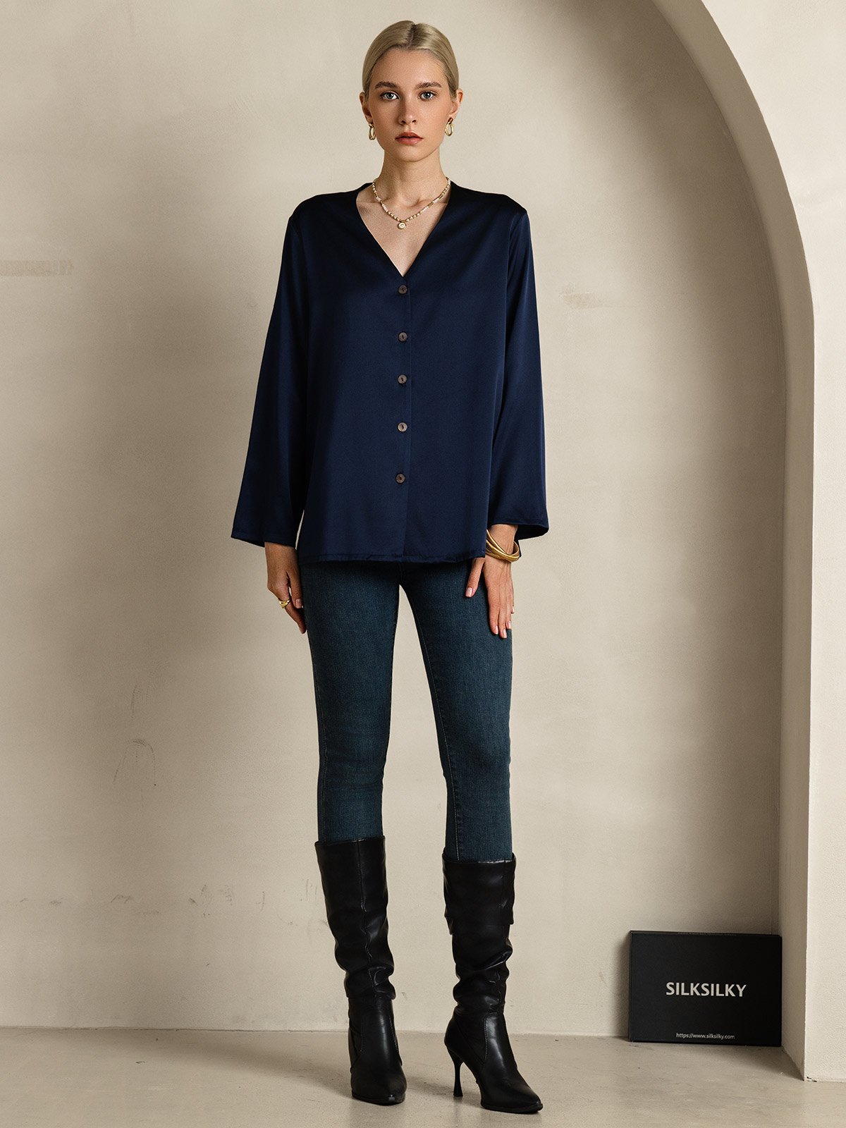 [Mørkeblå] SilkSilky-DK 19Momme Silke Womens Shirt 006