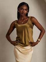 [Brun] SilkSilky-DK 19Momme Ærmeløs Dyb Rund Halsudskæring Camisole Top 005