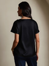 [Sort] SilkSilky-DK 19Momme Kort ærme Bådudskæring T-shirt til kvinder 002