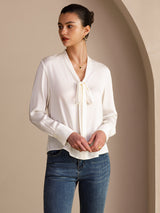 [Hvid] SilkSilky-DK Long Sleeve Tie Neck Damebluser 005