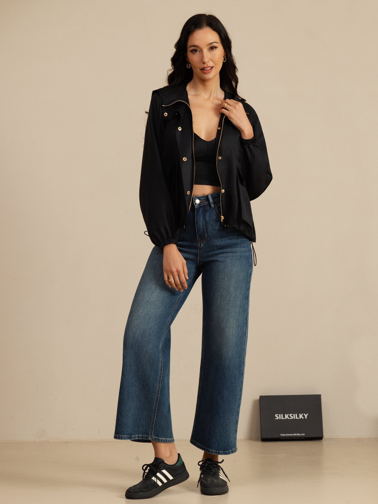 [Sort] SilkSilky-DK Langærmet Høj Hals Overtøj til Kvinder 007