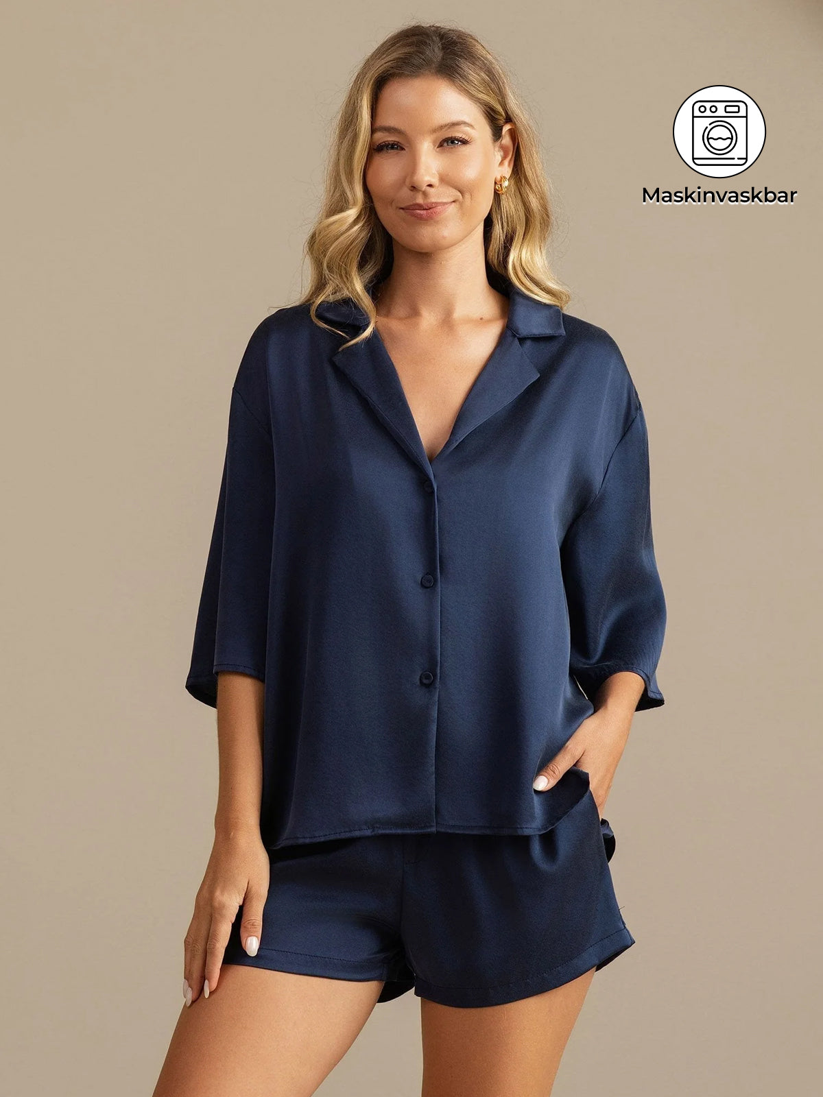 [Mørkeblå] SilkSilky-DK 19Momme Silke Womens Pajamas 001