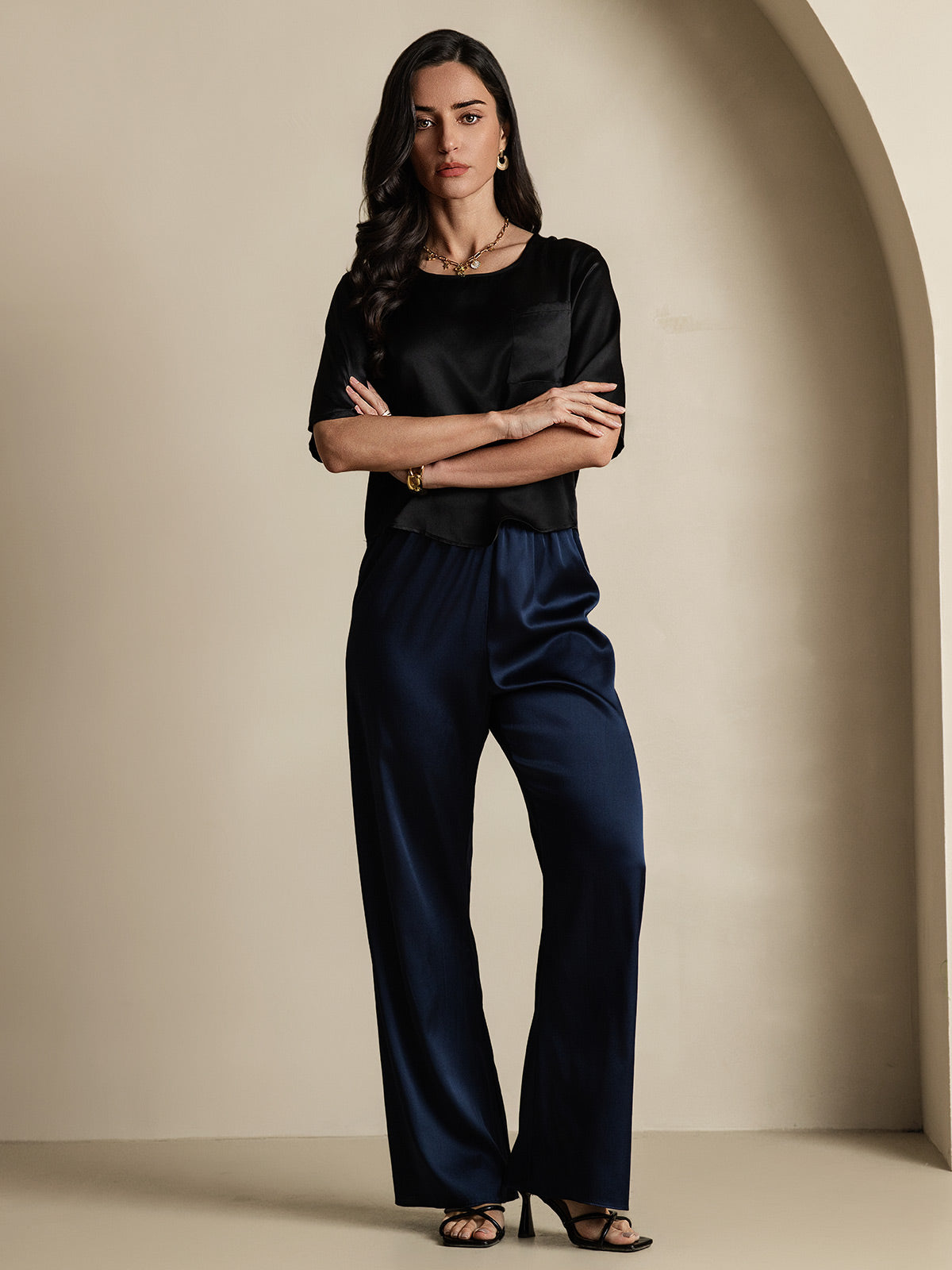 [Sort] SilkSilky-DK Pure Silk Half Sleeve Boat Neck T-shirt til kvinder 007
