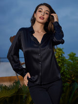 [Sort] SilkSilky-DK Long Sleeve Lapel Collar Dameskjorte 005