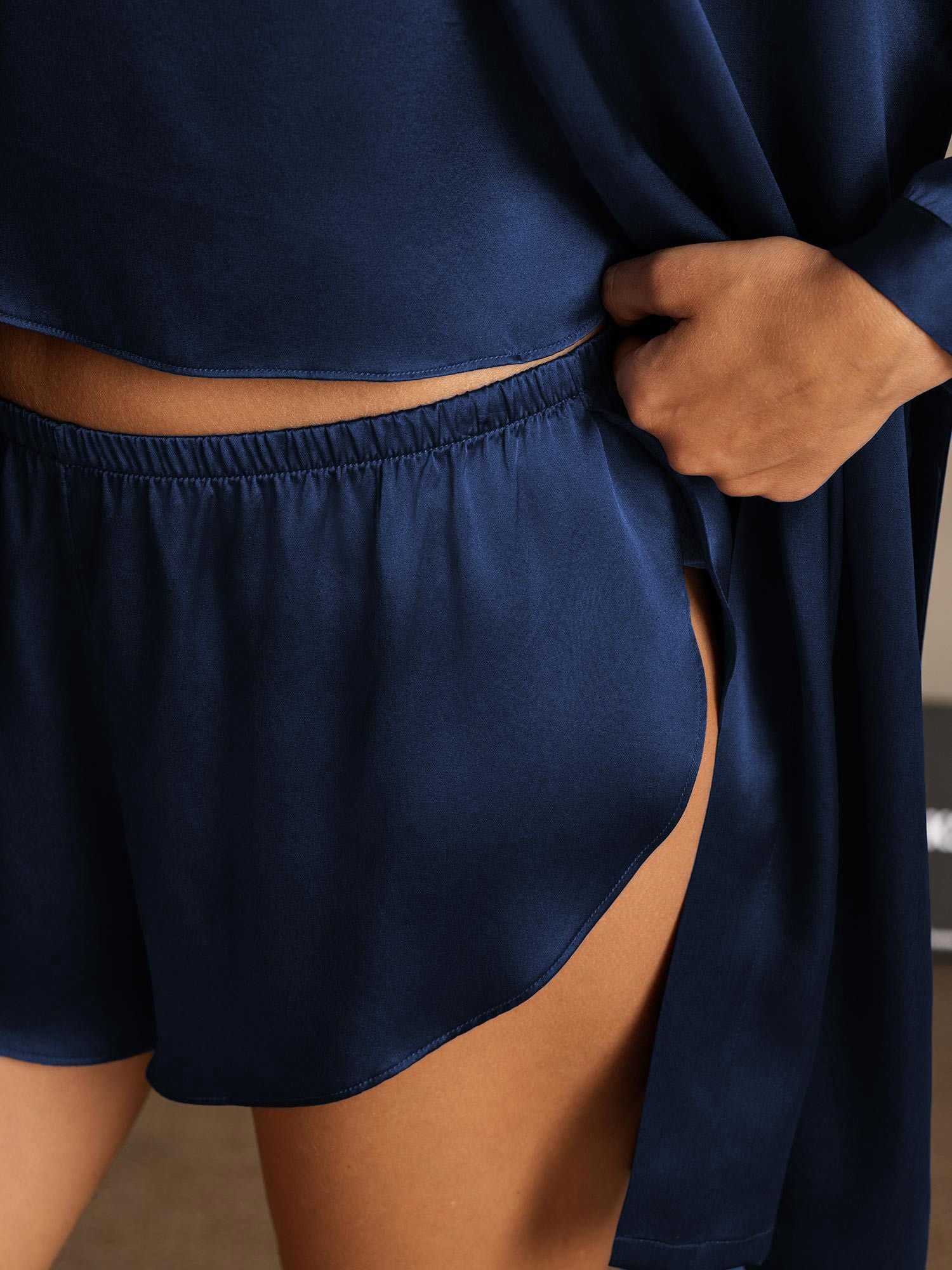 [Mørkeblå] SilkSilky-DK Silke Nightgown&Robe Set 005,