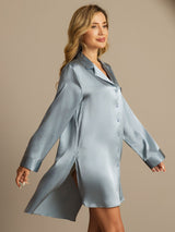 [Gråblå] SilkSilky-DK Long Sleeve Lapel Collar Soveskjorte 006