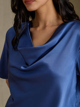 [Ægte Petrol] SilkSilky-DK Short Sleeve Cowl Neck Damebluser 004