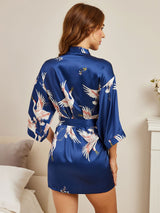 [Mørkeblå] SilkSilky-DK 3/4 Sleeve Dame Morgenkåbe 004